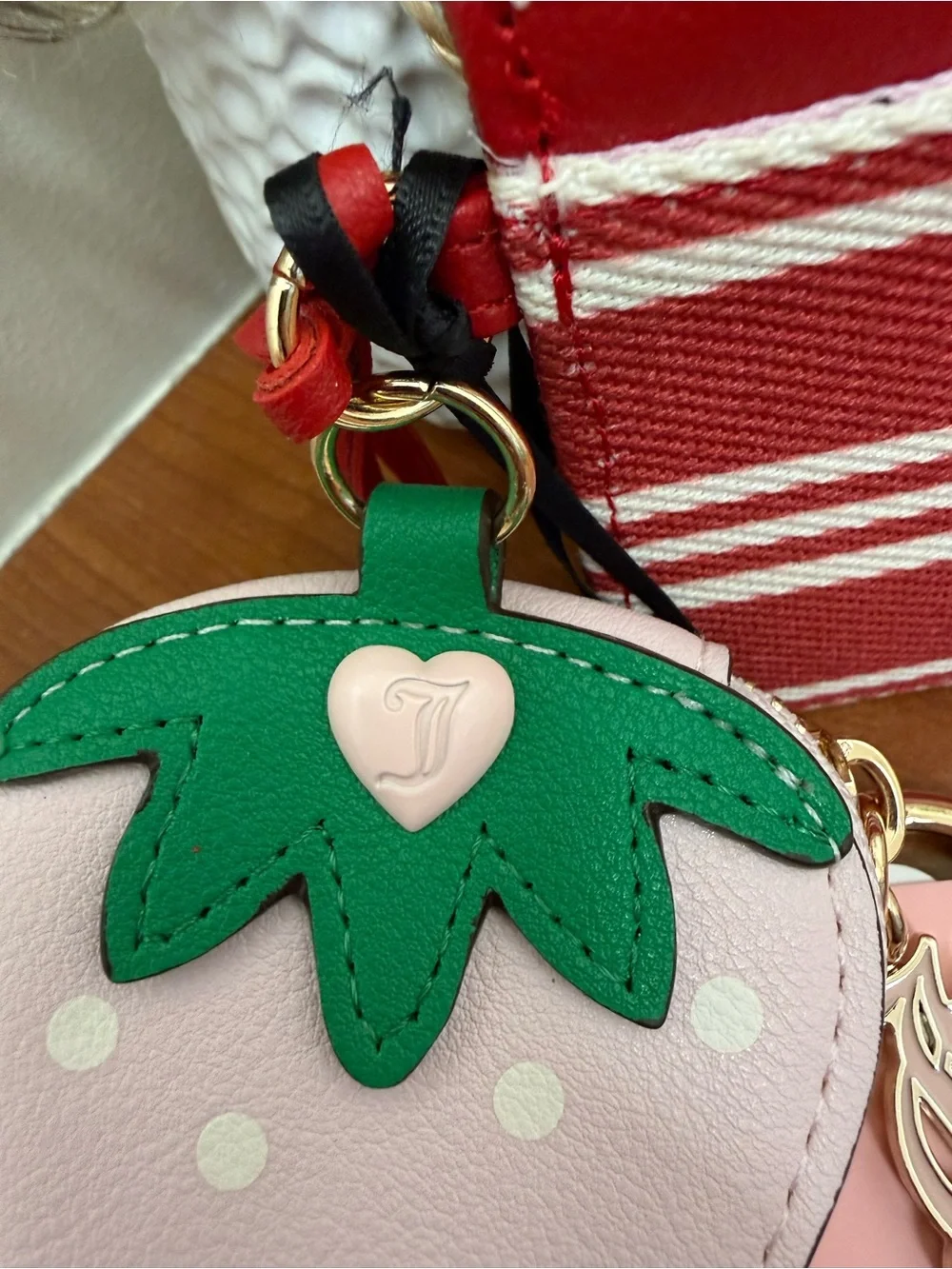 Juicy Couture Red and White Stripe Coin Pouch with Pink Strawberry Charm NWT